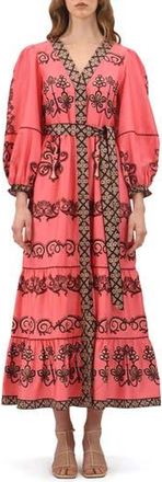 Celina Moon Myrna Floral Long Sleeve Cotton Maxi Dress in Coral/Brown at Nordstrom Rack, Size X-Small