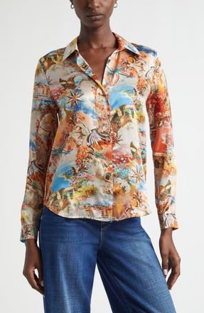 L'agence Tyler Collage Print Silk Button-Up Shirt in Ivory Multi Collage at Nordstrom, Size Xx-Small