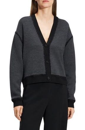 Theory Blanket Stitch Detail Merino Wool Cardigan in Dark Grey/Black at Nordstrom Rack, Size Medium