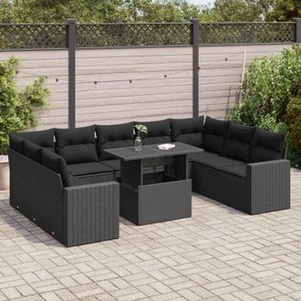 vidaXL Set De Sof&aacute;s De Jard&iacute;n Y Cojines 10 Pzas Rat&aacute;n Sint&eacute;tico Negro Vidaxl
