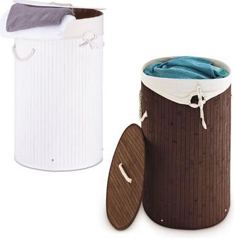 Relaxdays Juego De 2 Cestas Redondas Para La Ropa, Sistema De Separaci&oacute;n De Bamb&uacute;, Bolsa Extra&iacute;ble, 80 L Cada Una, Marr&oacute;n Y Blanco