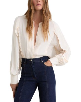 Reiss Maddie Pleated Embroidered Long Sleeve Blouse