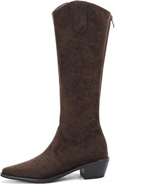 Generic Womens Faux Suede Western Boot with Zipper Pointed Toe Knee High Boots Chunky High Heel Long Boots,Brown,3.5 UK