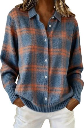 Generic Womens Plaid Print Casual Cotton Buttoned Cardigan Sweater, Collared Plaid Knitted Cropped Cardigan,Loose Comfort (B,S)