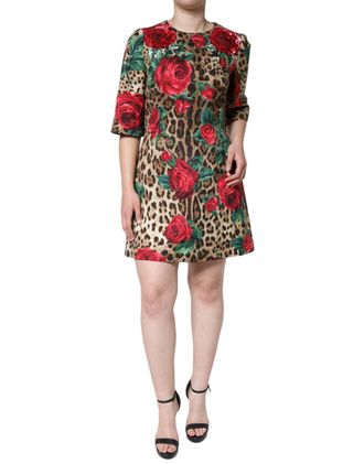 Dolce & Gabbana Womens Brown Leopard Red Roses Cotton A-Line Dress Silk Viscose
