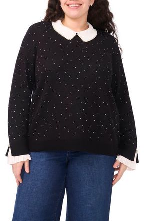 CeCe by Cynthia Steffe Faux Pearl Contrast Collar Cotton Top in Rich Black at Nordstrom, Size 2X