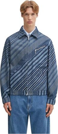 Kenzo Jassen, Heren, Blauw, L, Katoen, Diagonal Stripe Zipped Trucker Jacket