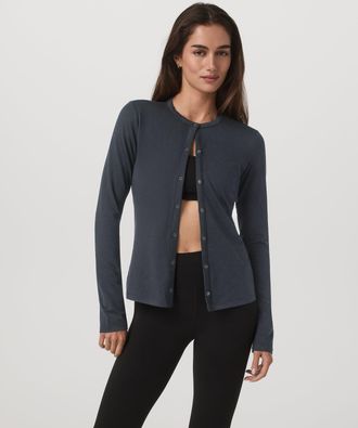 Vuori Clothing Long Sleeve Halo Snap Cardigan | Black Heather | XS, Size Extra Small