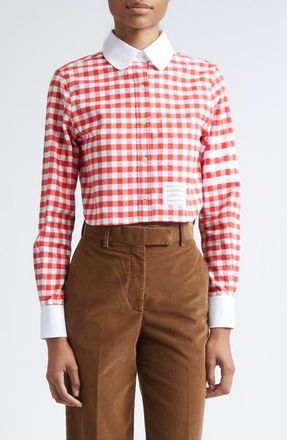 Thom Browne 4-Bar Gingham Check Flannel Crop Button-Up Shirt in Red at Nordstrom, Size 4 Us