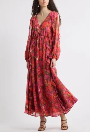 Chelsea28 Ruffle Print Long Sleeve Maxi Dress in Pink- Green Sana Bloom at Nordstrom Rack, Size X-Small