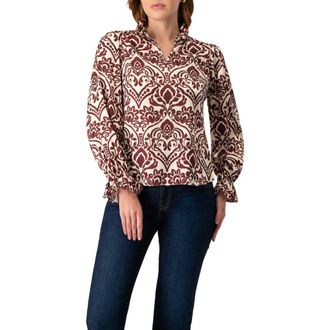 Ivonne Ruffled V-Neck Abstract Blouse in Wine at Nordstrom, Size 14