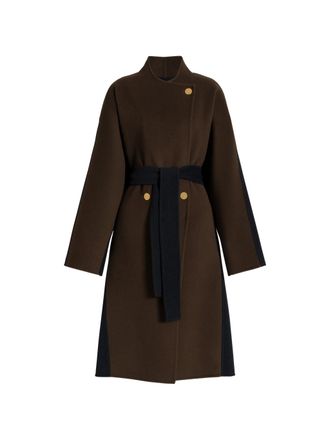 Alberta Ferretti Long Wool Coat with Wrap Design and Contrasting Belt