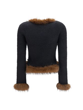 Self Portrait Faux Fur Trim Knit Cardigan - Black