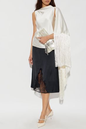 Self Portrait Silk Top With Fringes, Womens, Cream