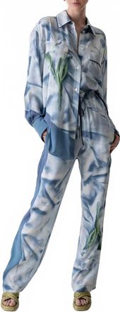 Victoria Beckham Pleat Detail Pajama Trouser In Ice Blue Satin Flower