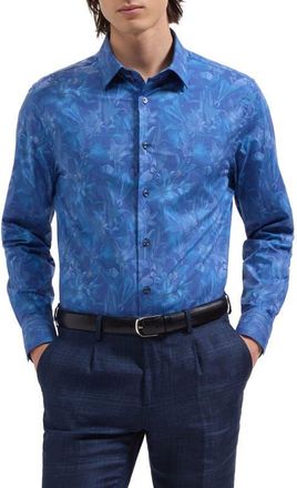 Bugatchi Julian Shaped Fit Floral Stretch Cotton Button-Up Shirt in Classic Blue at Nordstrom, Size Xxx-Large