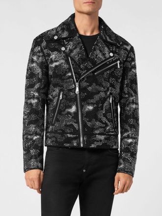 Philipp Plein Lambskin Biker Jacket with Crystal Embroidery