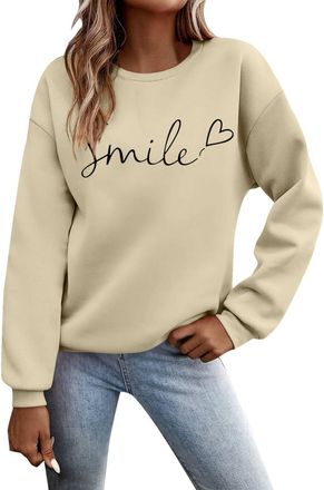 Generic Sweatshirts for Women Womens Daily Home Outdoor Workout Solid Long Sleeve O Neck T Shirt Top Printed Sweatshirt (Beige, S)