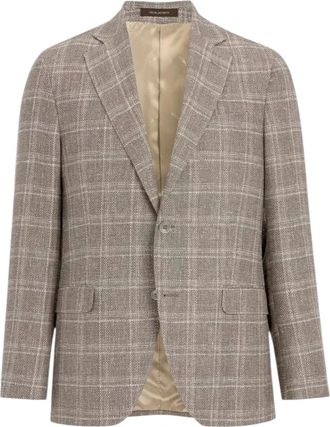 Oscar Jacobson Beige Geruit Gestreepte Blazer Regular Fit - Heren - Blazers - Grijs - M - Wol - Jassen