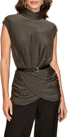 DKNY Ruched Metallic Belted Mock Neck Top in Black/Gold at Nordstrom, Size X-Small