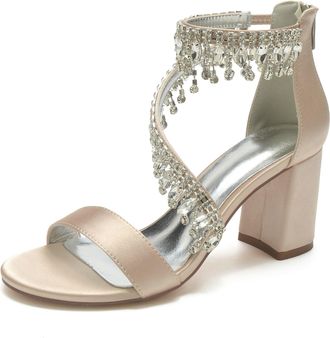 Generic Wedding Heel Sandals Womens Rhinestones Wedding Shoes Bride Chunky Heel Open Toe Bridal Shoes Party Dress High Sandals 8Cm,Champagne,10 UK