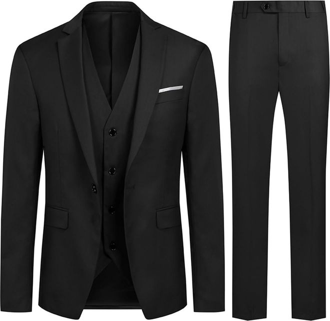 Mens Suits 3 Piece Slim Fit Wedding Formal Tuxedo One Button Close Blazers Jacket Waistcoat Trousers, XXL, Black