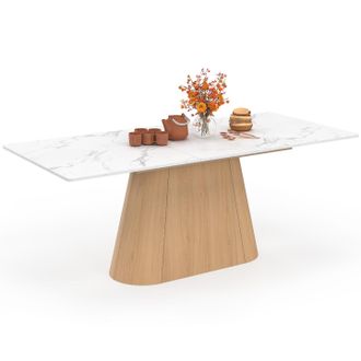 IDMarket Rhonda Tavolo Da Pranzo Rettangolare Allungabile 6-10 Persone Alaska Piano In Marmo Bianco E Finitura In Faggio 160-200 Cm