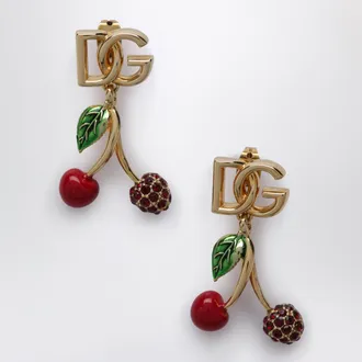 Dolce & Gabbana Earrings with logo and cherries in brass gold