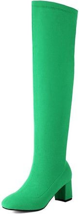 Generic Womens Fashion Stretch Knitted Over The Knee Boots Round Toe Block Heel Pull On Winter Dress Shoes (7.5,Green)