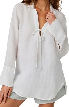 Bella Dahl Tie Neck Linen Tunic Top in White at Nordstrom, Size Small