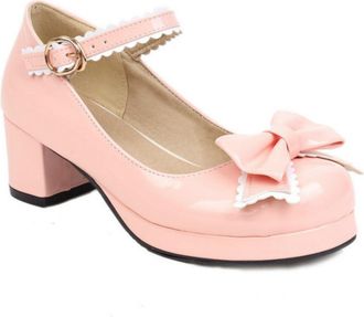 Generic Womens Sweet Mary Jane Pumps Platform Chunky Heel Lolita Shoes with Bow-Knot,Pink,5.5 UK