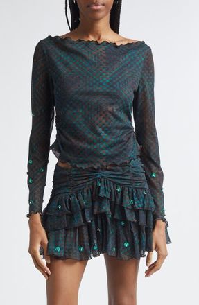 Siedres Elara Embellished Check Off the Shoulder Crop Top in Blue Multi at Nordstrom, Size Small
