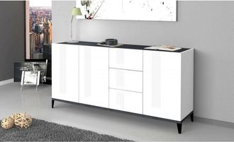 Dmora Credenza moderna a 3 ante e 3 cassetti, Made in Italy, Madia da cucina rialzata, Buffet di design da soggiorno, Cm 160x40h82, Bianco lucido e Acero