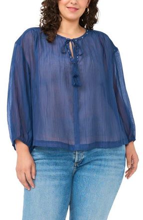 Vince Camuto Split Neck Sheer Peasant Top in 407 Classic Navy at Nordstrom, Size 2 X