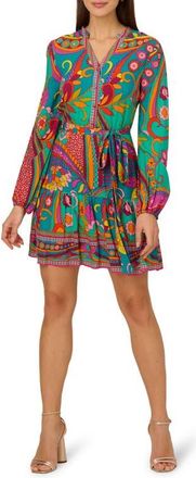 Adrianna Papell Print Tie Waist Long Sleeve Dress in Teal Multi at Nordstrom, Size 14