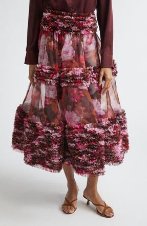 Zimmermann Kindred Spirit Luna Ruffle Silk Organza Midi Skirt in Chocolate Rose at Nordstrom, Size 2