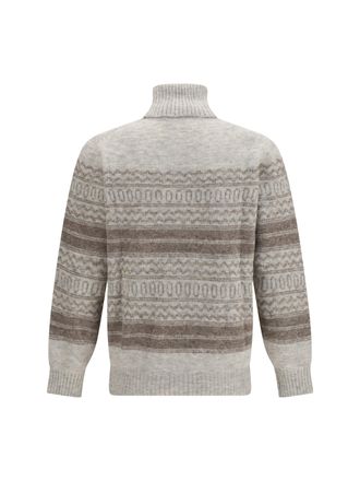 Brunello Cucinelli Mens Fair Isle Knit Turtleneck Sweater Fog