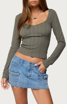 Edikted Beatrix Lace Trim Rib Long Sleeve Top in Olive at Nordstrom, Size X-Small