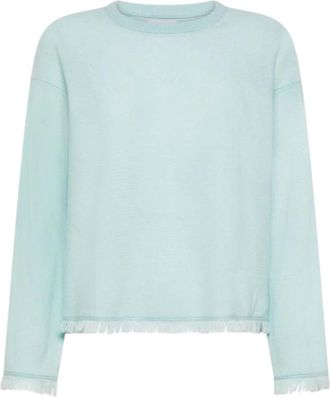 Sun 68 Trui van Wol en Kasjmier met Franjes - Dames - Ronde hals truien - Blauw - S - Wol - Truien & Vesten