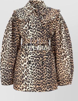 Ganni double breasted belted coat animal print