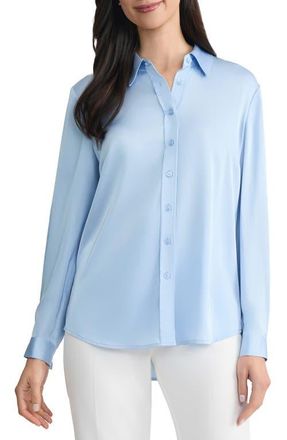 Kasper Point Collar Satin Button-Up Shirt in Blue Sky at Nordstrom, Size X-Large