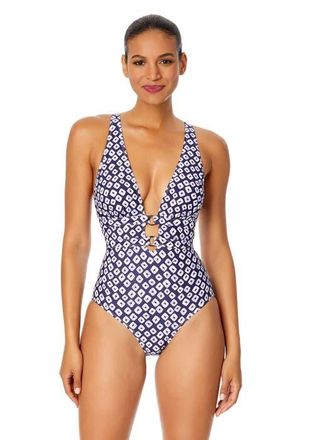Anne Cole Womens Shibori Geo Double Ring Plunge Front One Piece Swimsuit in Shibori Geo Blue at Nordstrom, Size 14
