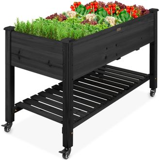Best Choice Products Raised Garden Bed 48x23x32in Wood Mobile Elevated Planter w/ Wheel Locks, Shelf, Liner