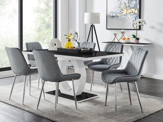 Furniturebox Giovani Rectangular 6 Seat White High Gloss Unique Halo Base Dining Table Black Glass Top 6 Soft Velvet Silver Leg Pesaro Chairs