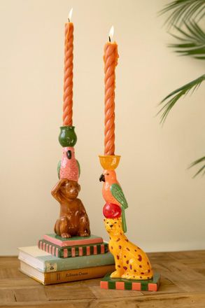 Kalalou Set Of Two Ceramic Cheetah And Monkey Taper Candle Holders