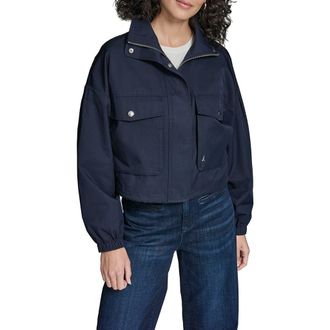 Karl Lagerfeld Water Resistant Crop Cotton Blend Bomber Jacket in Navy at Nordstrom, Size X-Small