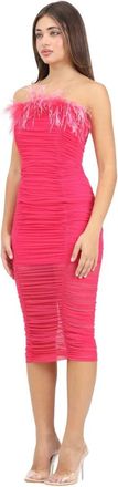 Patrizia Pepe Elegante Fuchsia Midi Jurk met Veren - Dames - Feestkleedjes - Roze - M - Tule - Kleedjes
