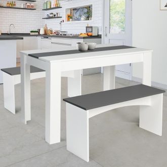 IDMarket Idmarket - Conjunto De Mesa De Comedor Y 2 Bancos Rozy 4 Personas Blanco Y Gris 110 Cm