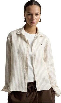 Polo Ralph Lauren Overhemden, Dames, Beige, L, Linnen, Wide Cropped-skjorte