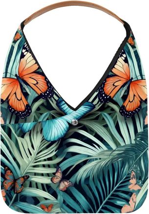 Generic Tropical Palm Butterfly Pattern Reusable Lightweight Grocery Bags - Foldable Into Compact Pouch, Washable & Sturdy, Multipurpose for Shopping and Trav